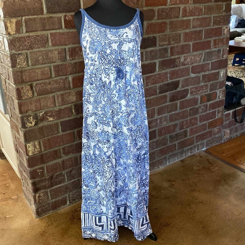 Merona blue floral spaghetti strap drawstring waist cotton knit maxi dress